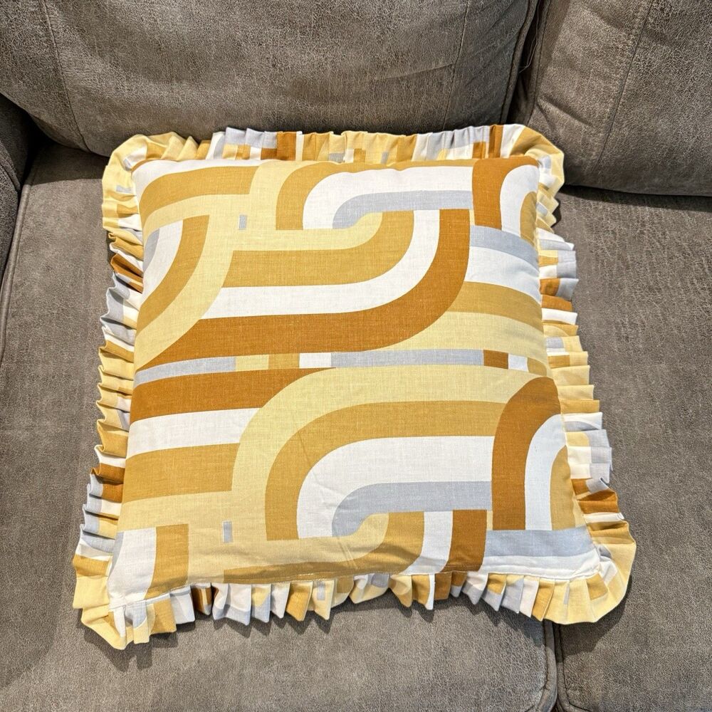 Handmade Set of 2 Throw Pillow Covers 18x18 Geometric Ruffle Trim Hidden Zipper - Picture 9 of 12